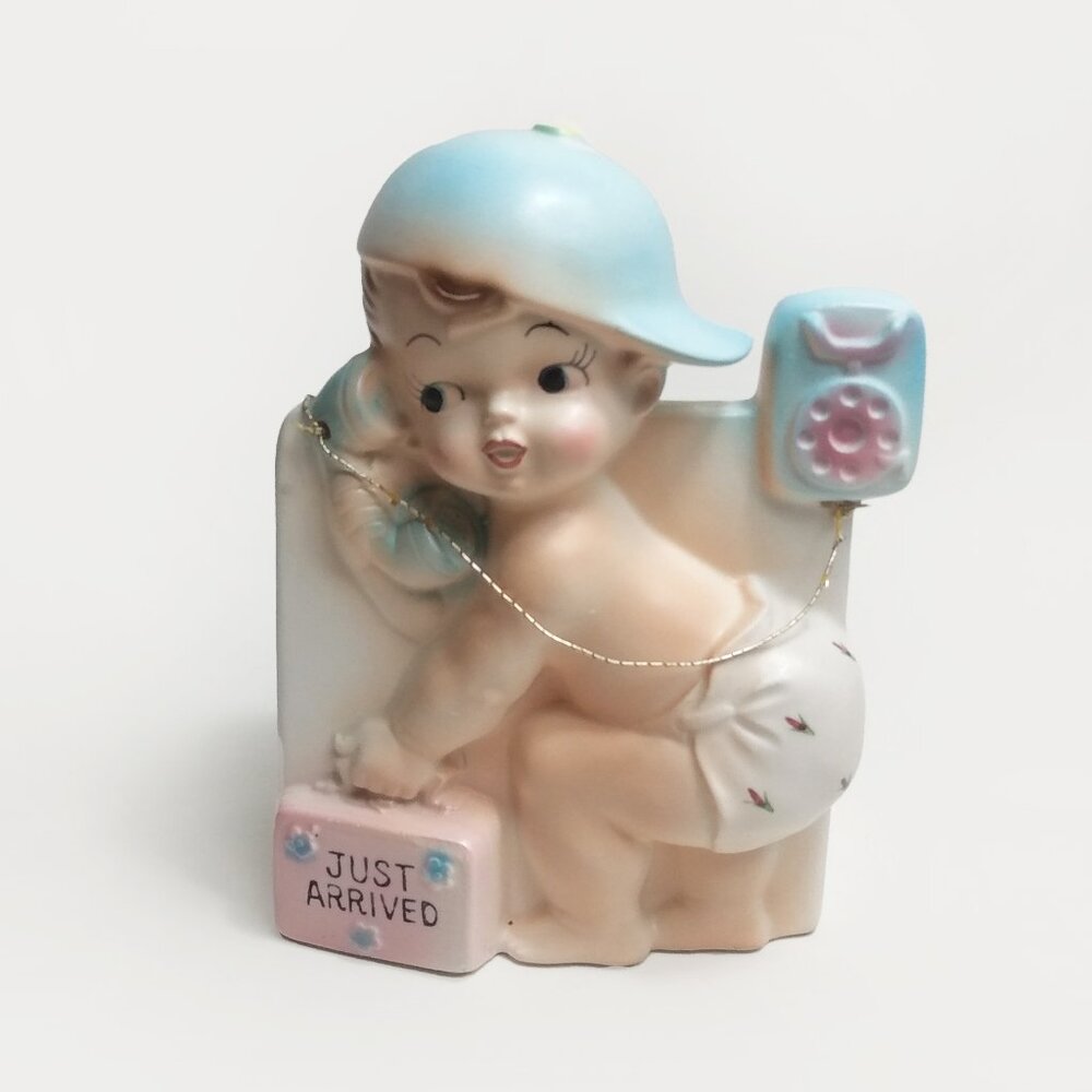 Vintage  1950's Rubens-Japan Baby Ceramic Planter "Just Arrived" Suitcase/Phone